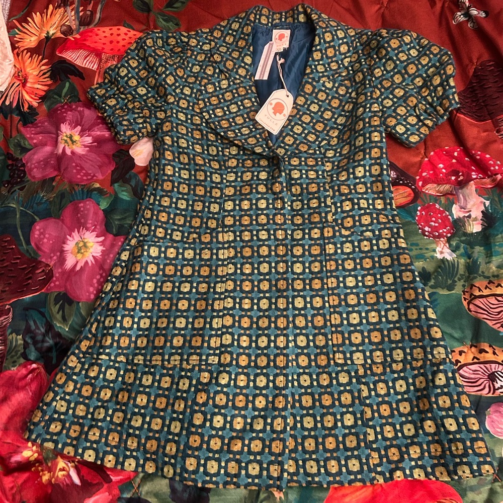 NWT Tulle Anthropologie Coat Dress in Geometric Green, Blue & Yellow Size XL - Picture 2 of 11